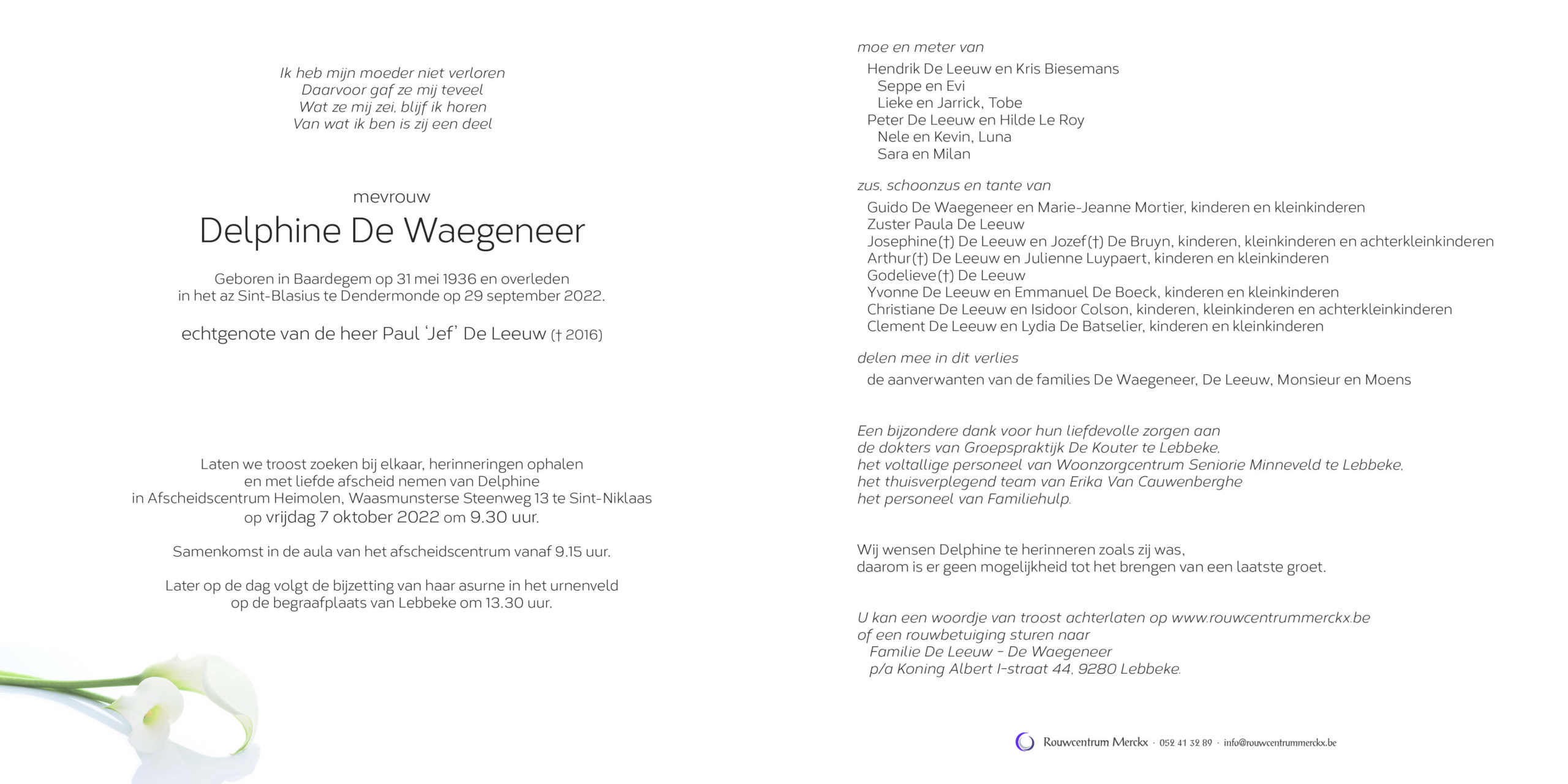 rouwbrief De Waegeneer Delphine