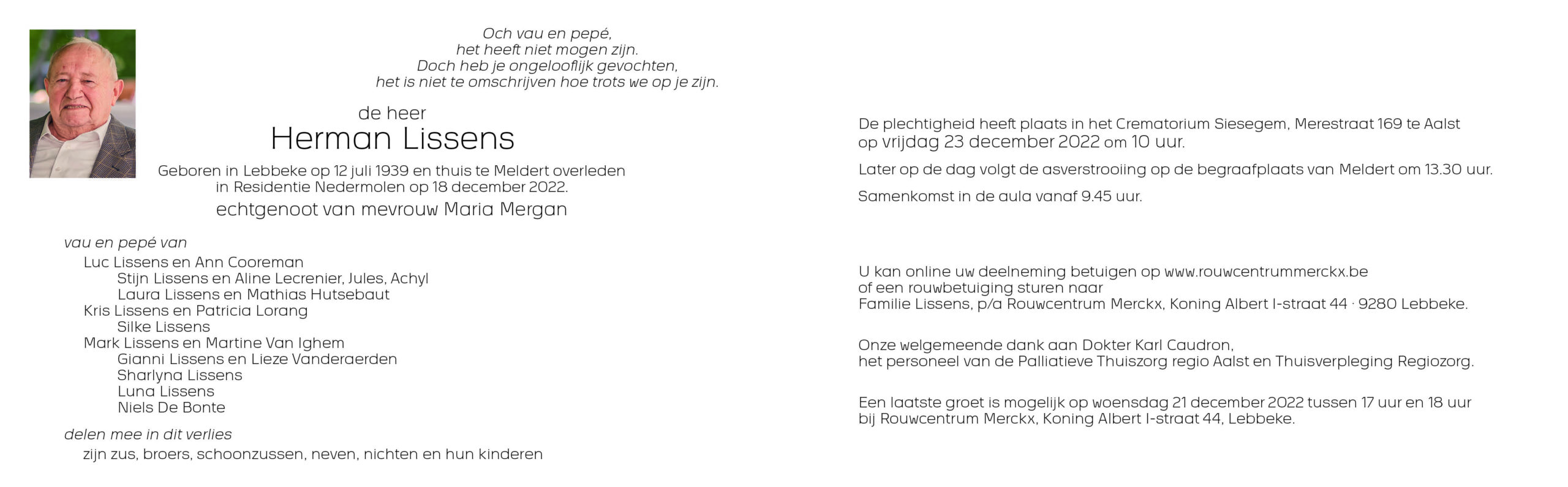 rouwbrief Lissens Herman