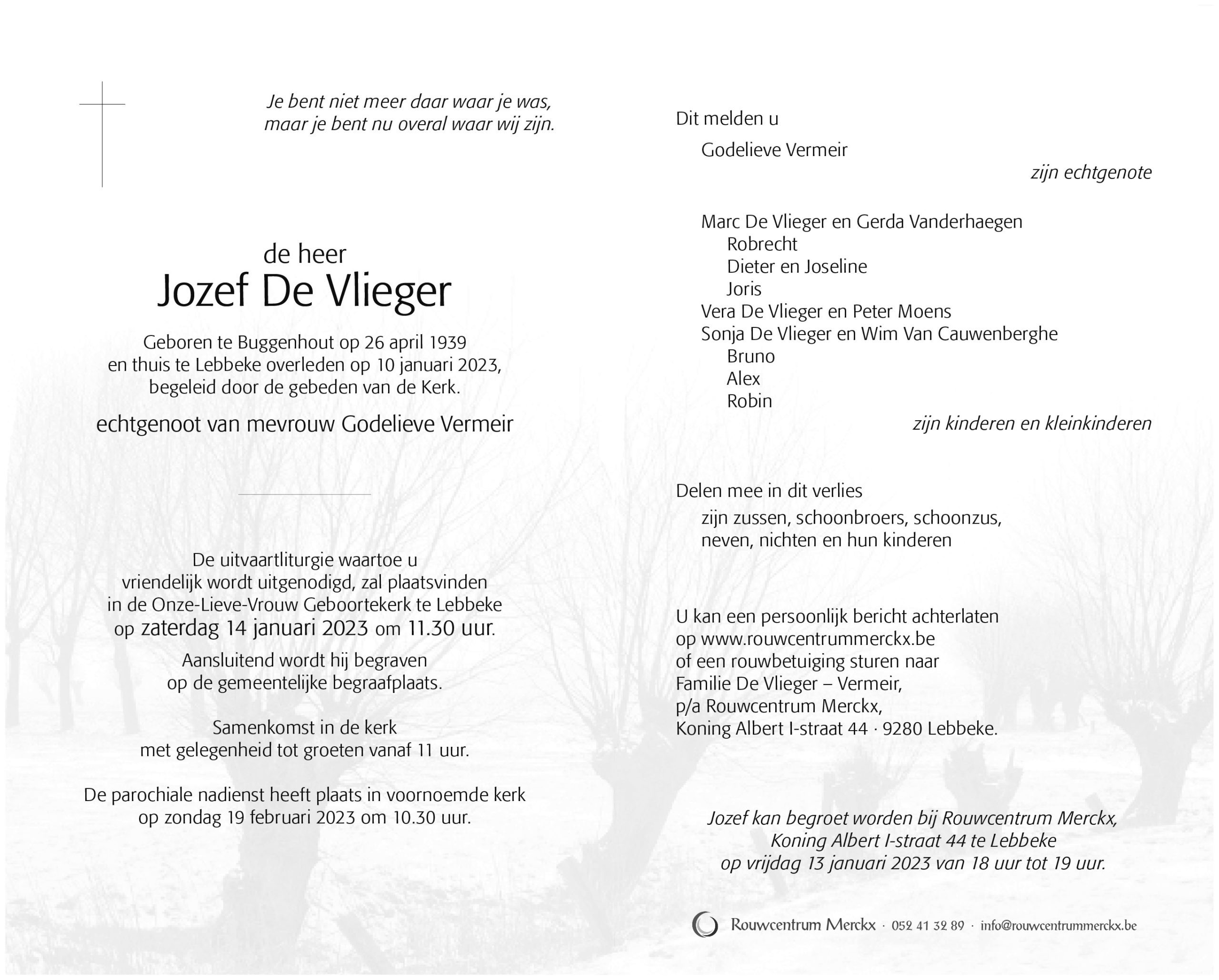 rouwbrief De Vlieger Jozef