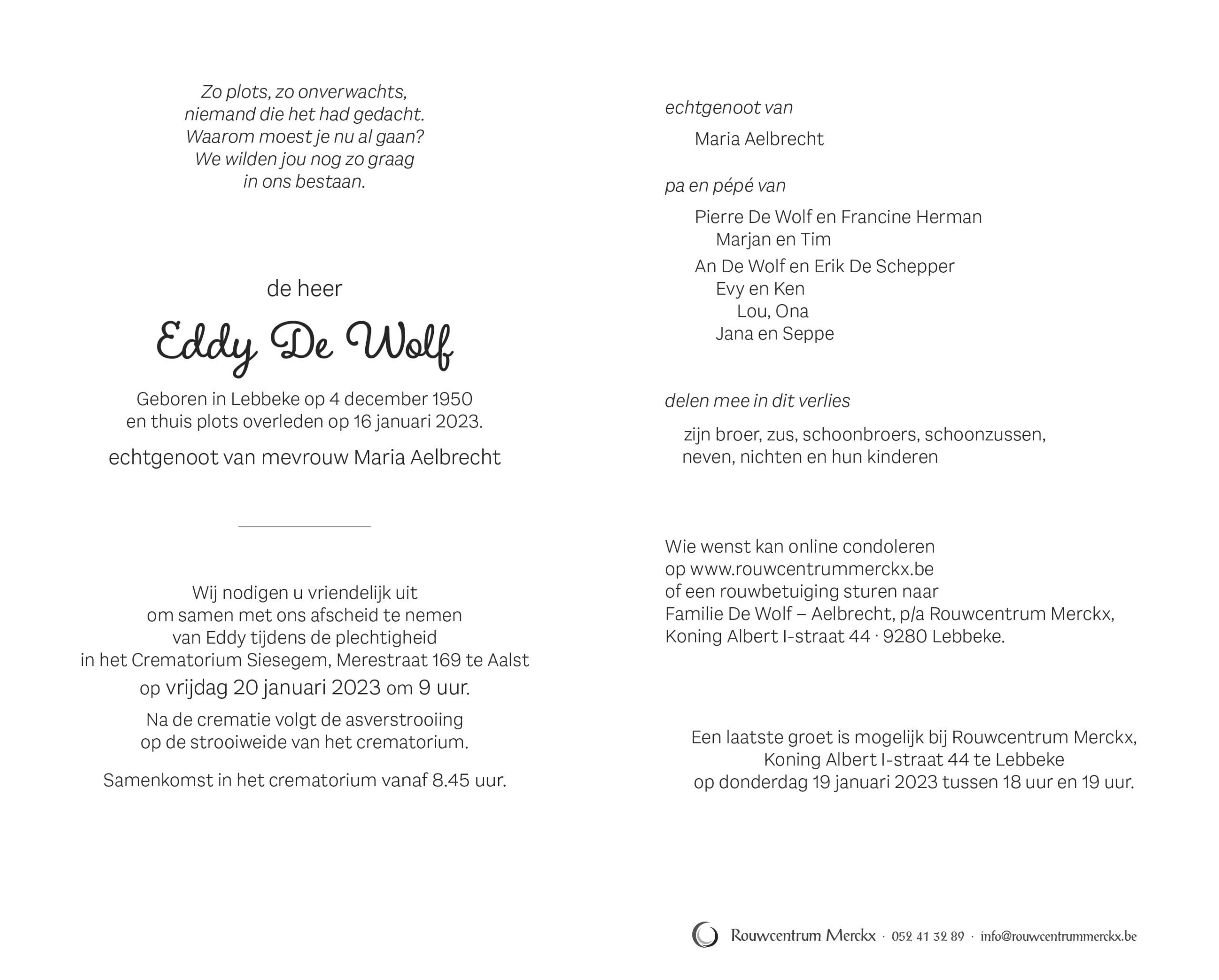 rouwbrief De Wolf Eddy