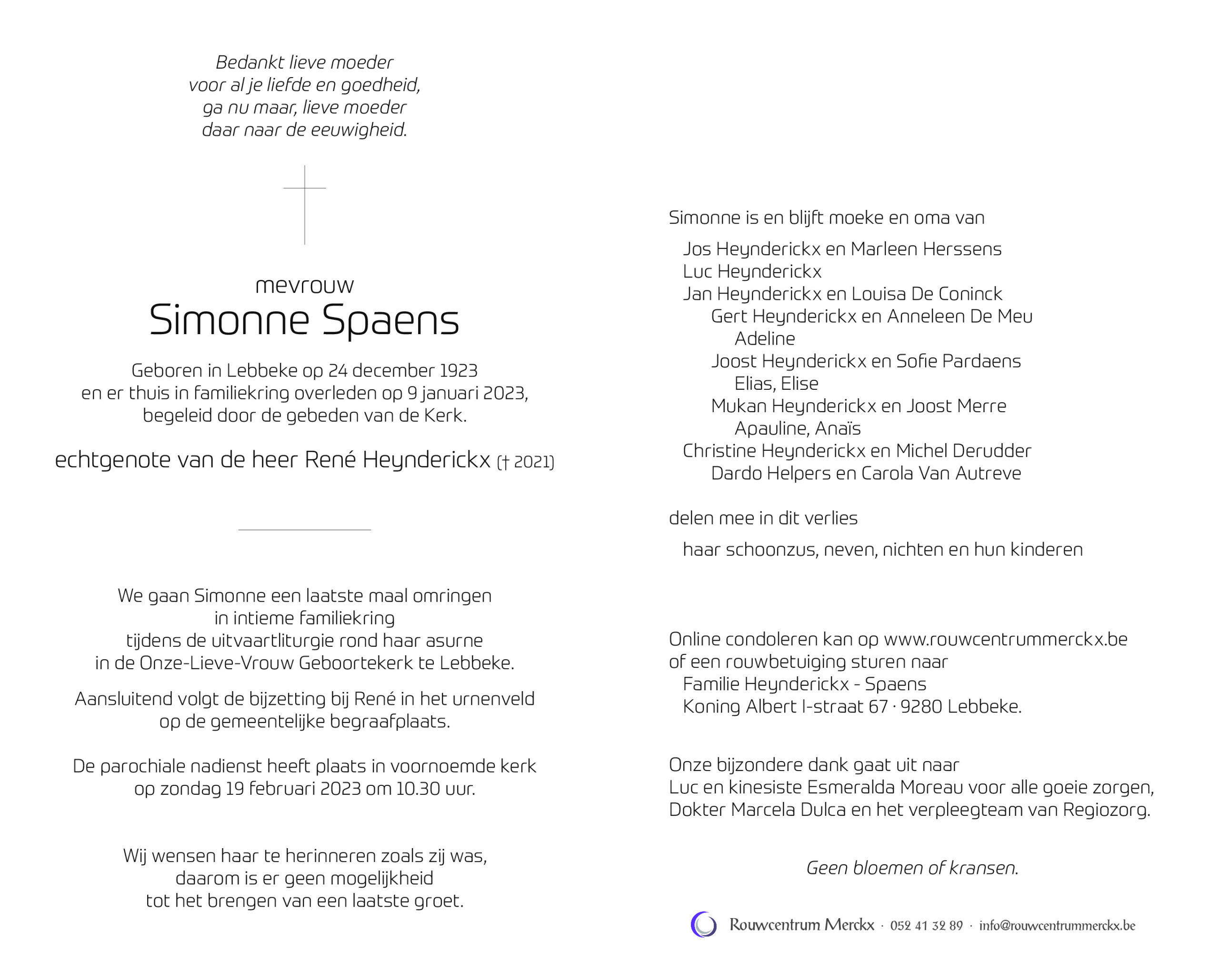 rouwbrief Spaens Simonne