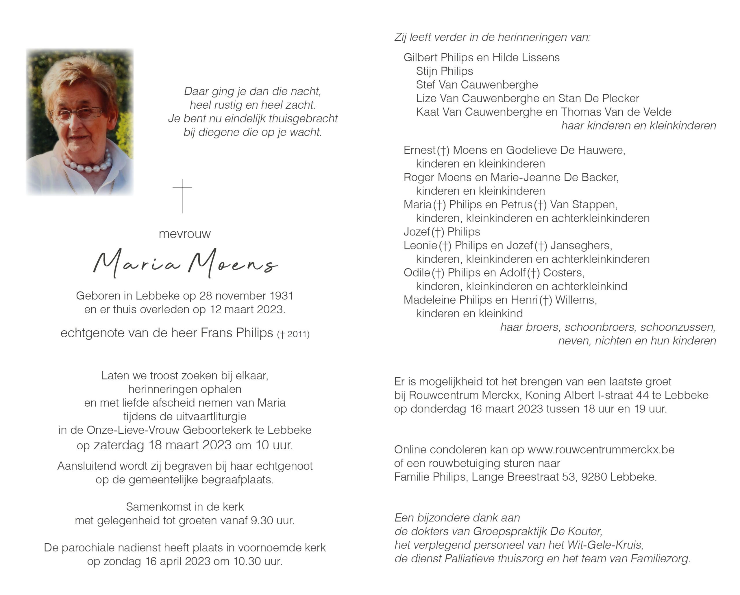 Moens Maria rouwbrief