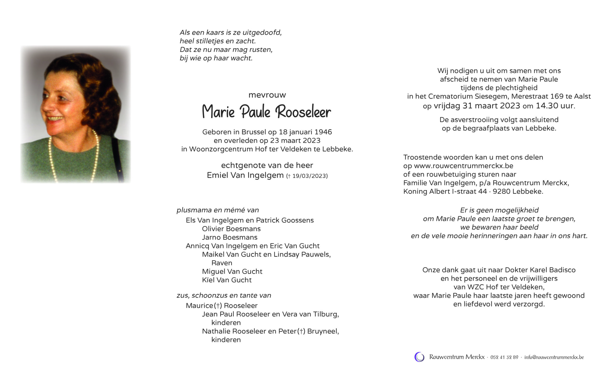 Rooseleer Marie Paule rouwbrief