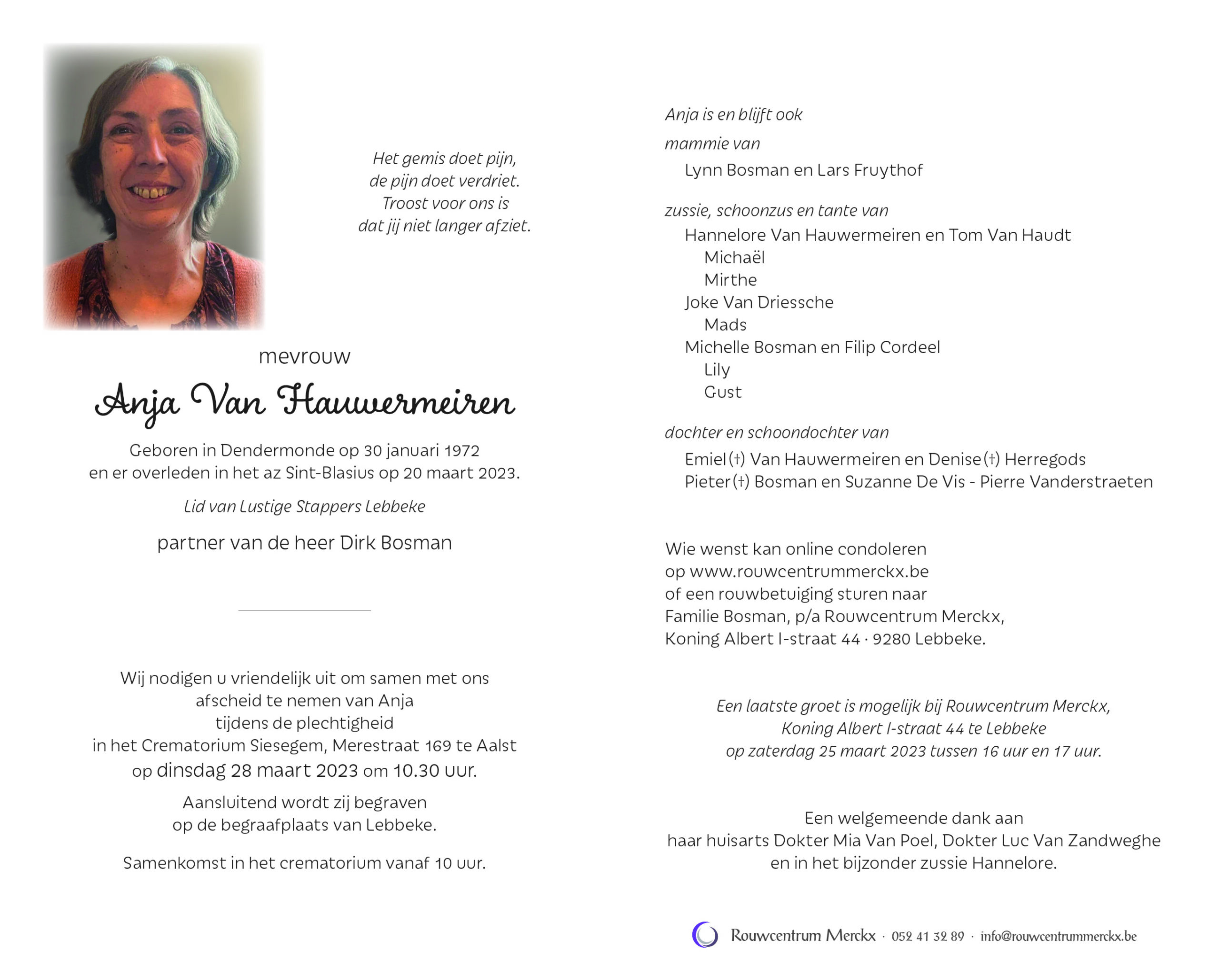 Van Hauwermeiren Anja rouwbrief