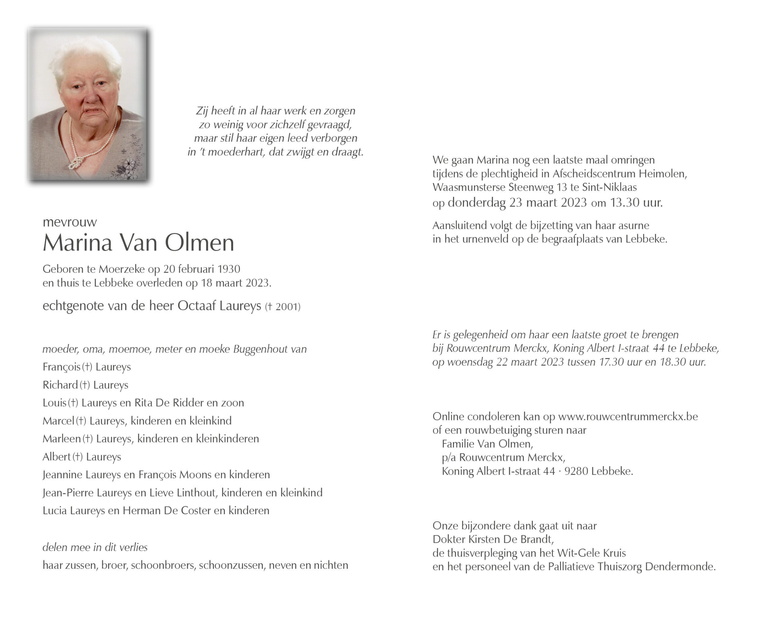 Van Olmen Marina rouwbrief