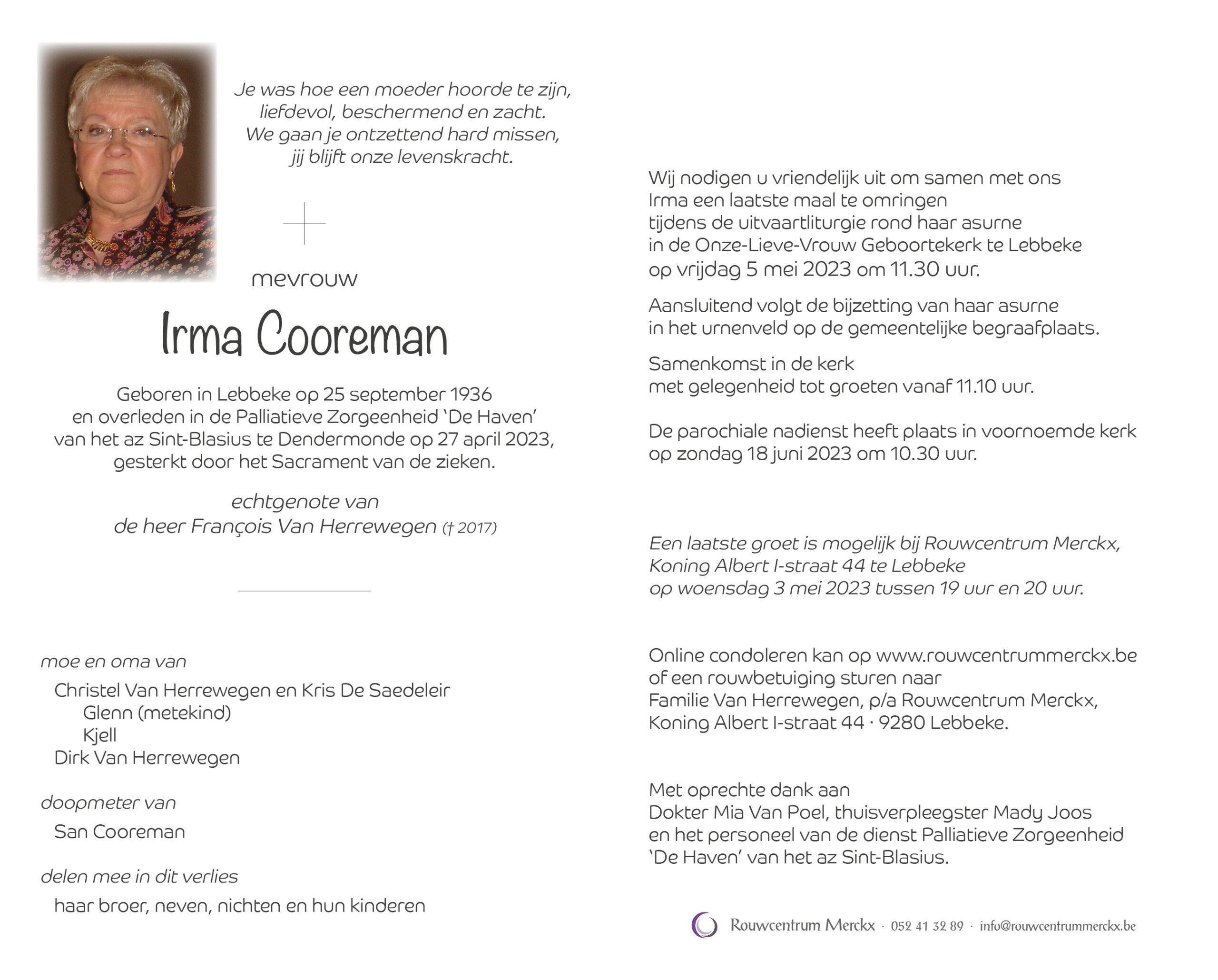 Cooreman Irma rouwbrief