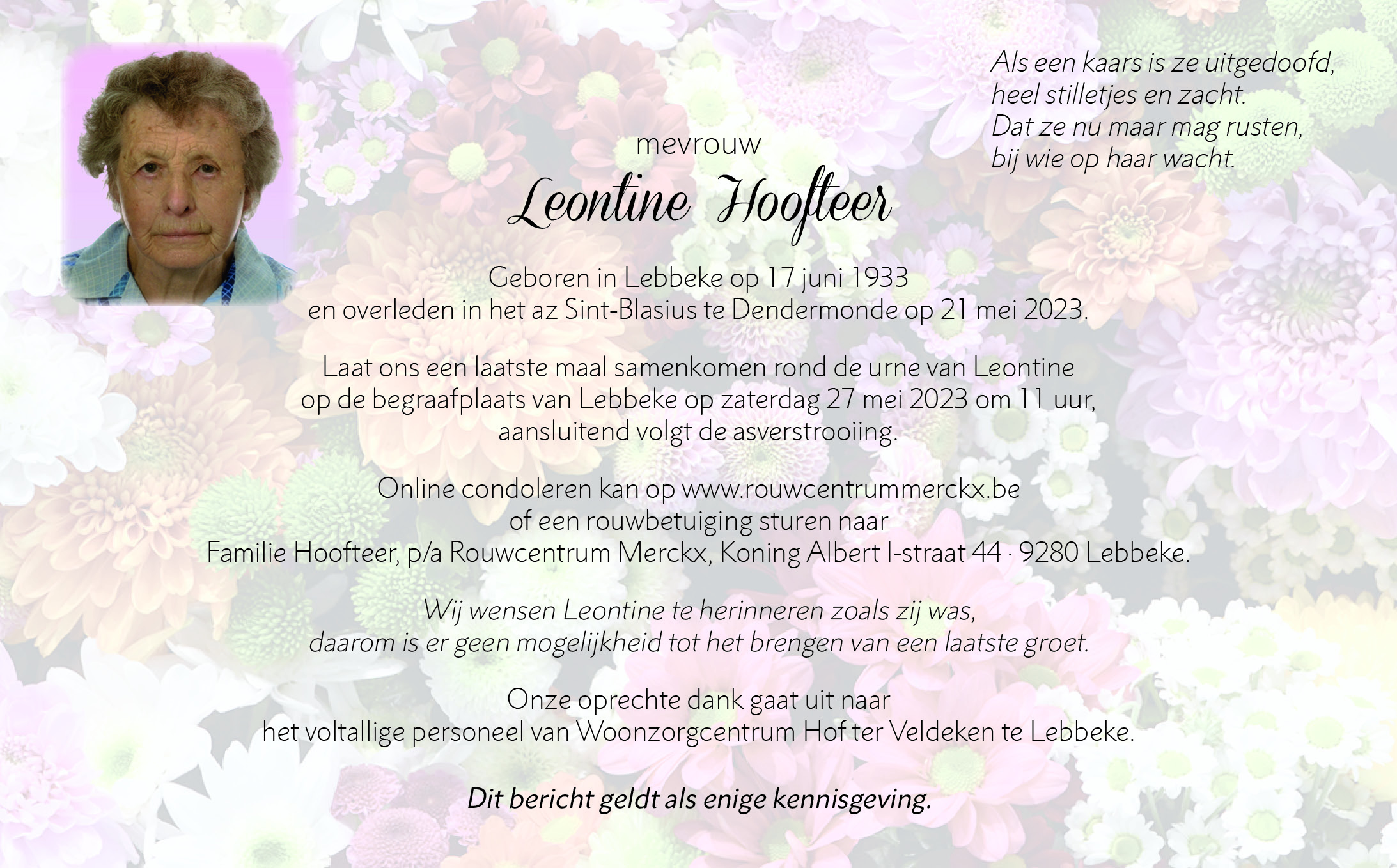 Hoofteer Leontine rouwbrief