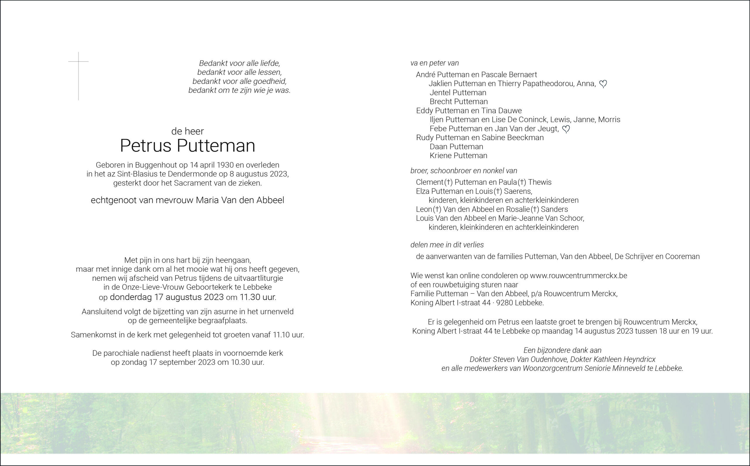 Putteman Petrus rouwbrief