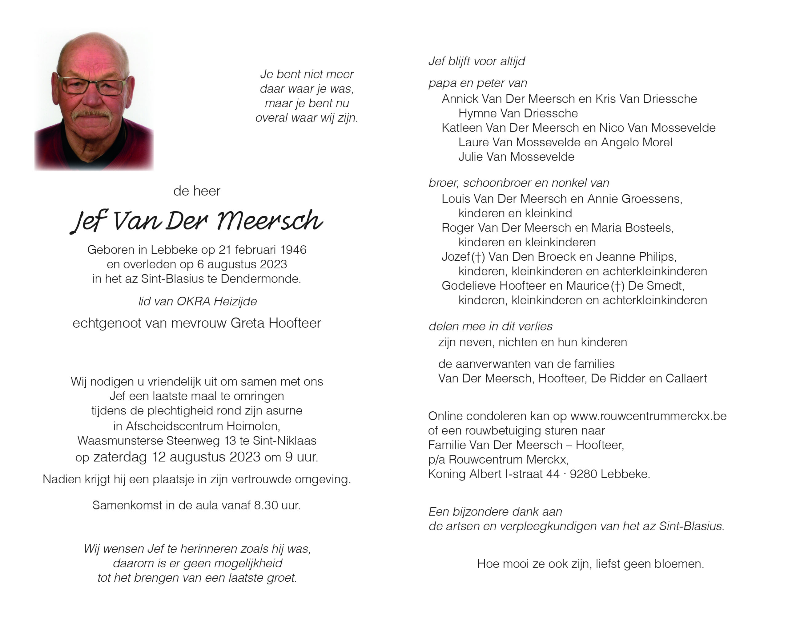 Van Der Meersch Jef rouwbrief