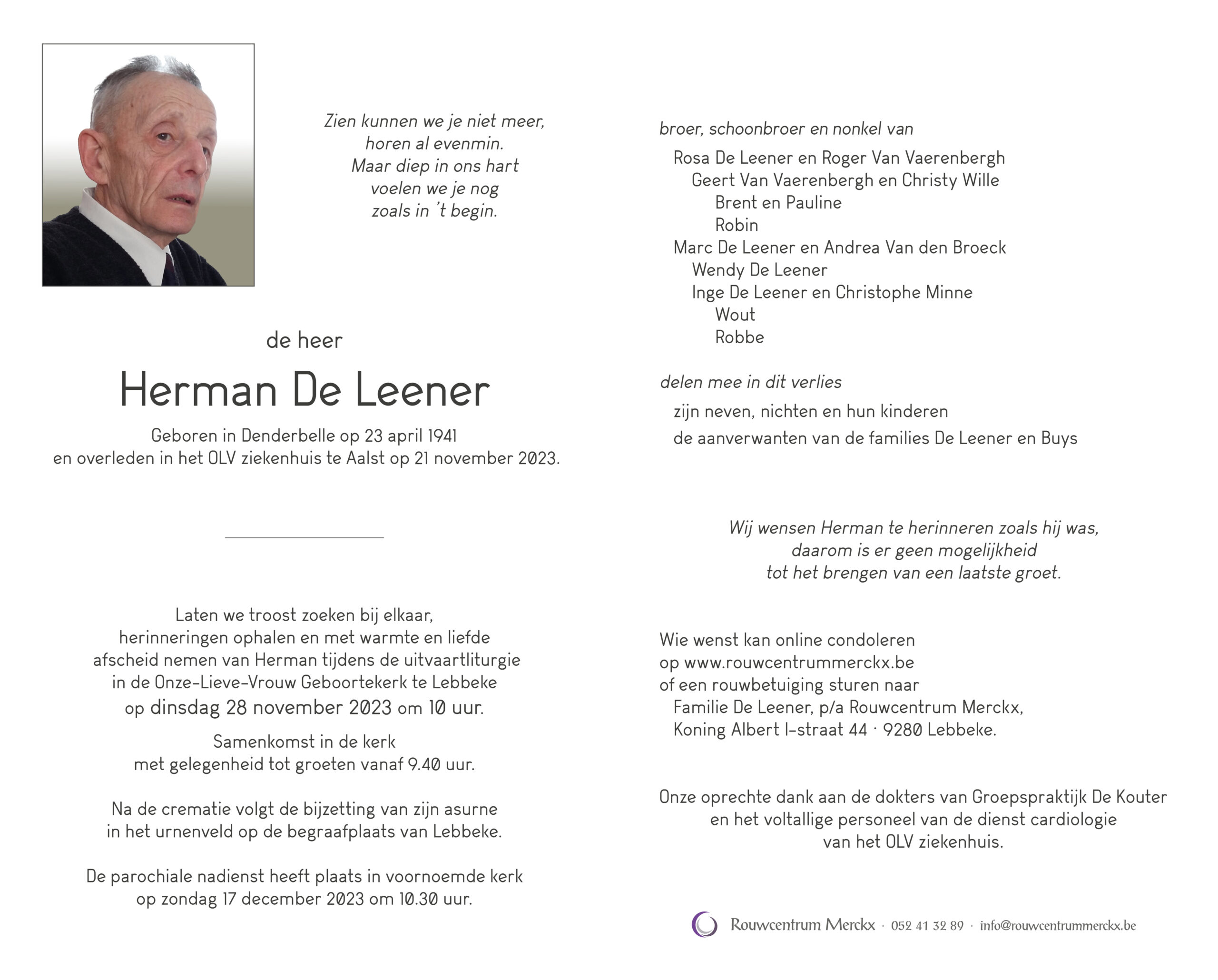 De Leener Herman rouwbrief