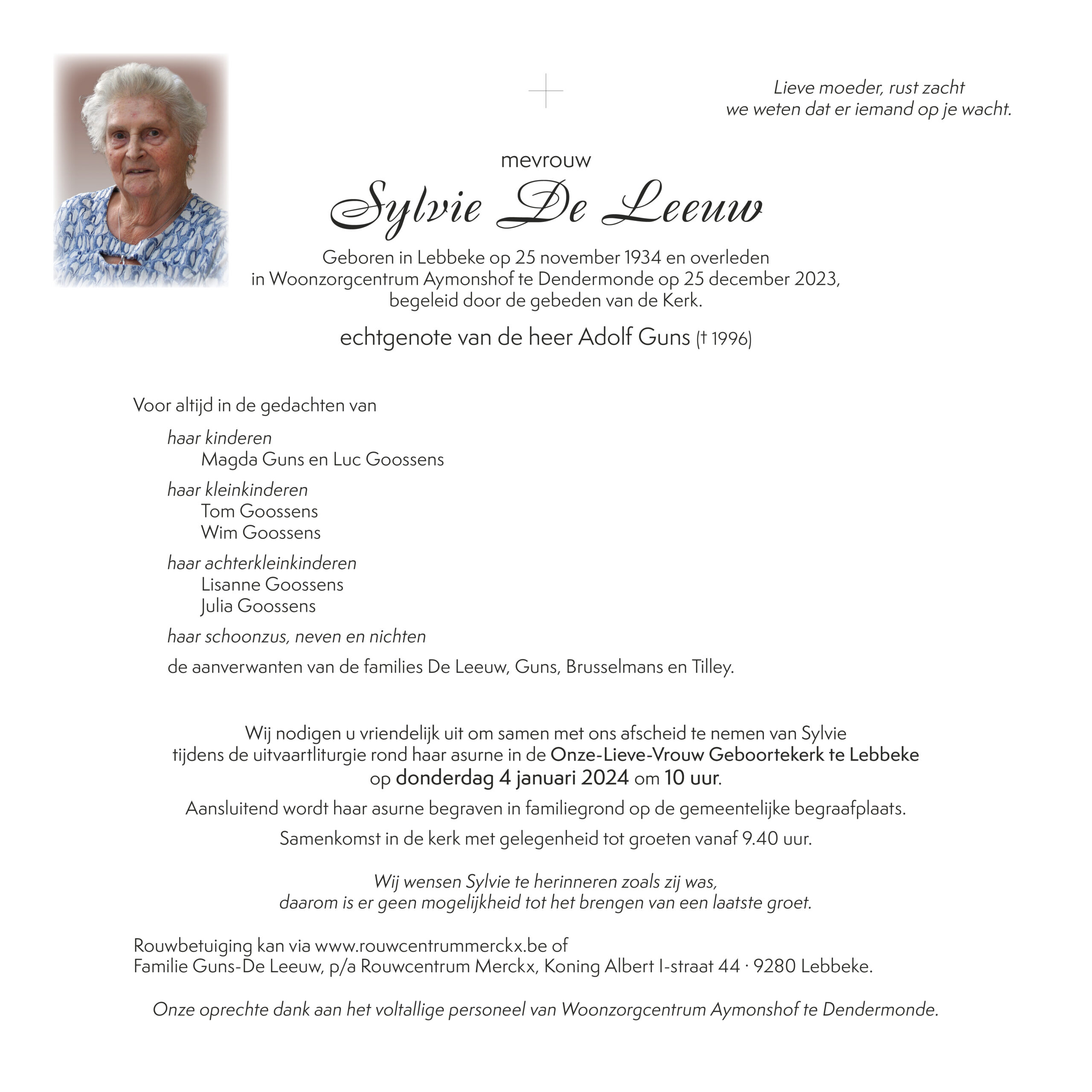 De Leeuw Sylvie rouwbrief