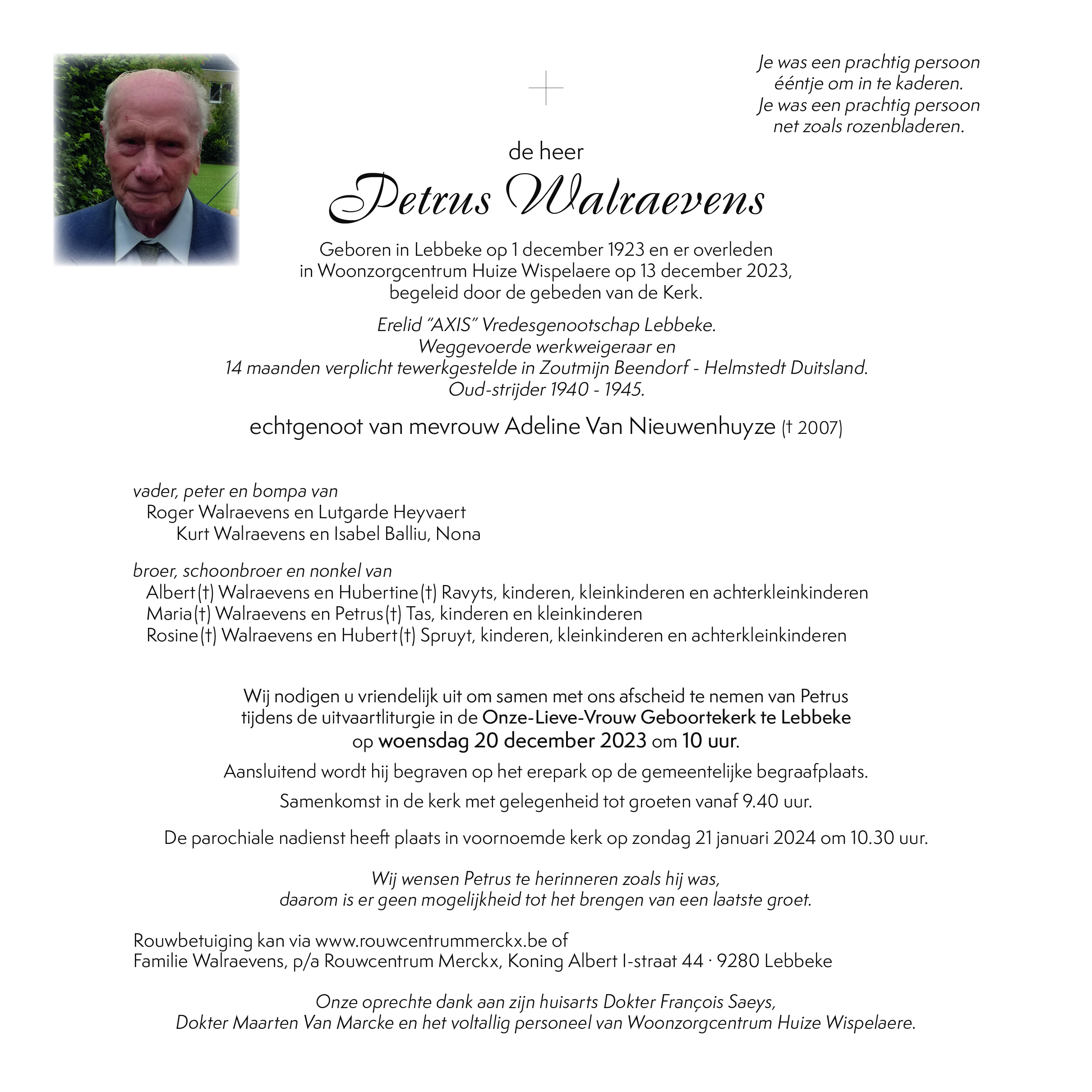 Walraevens Petrus rouwbrief