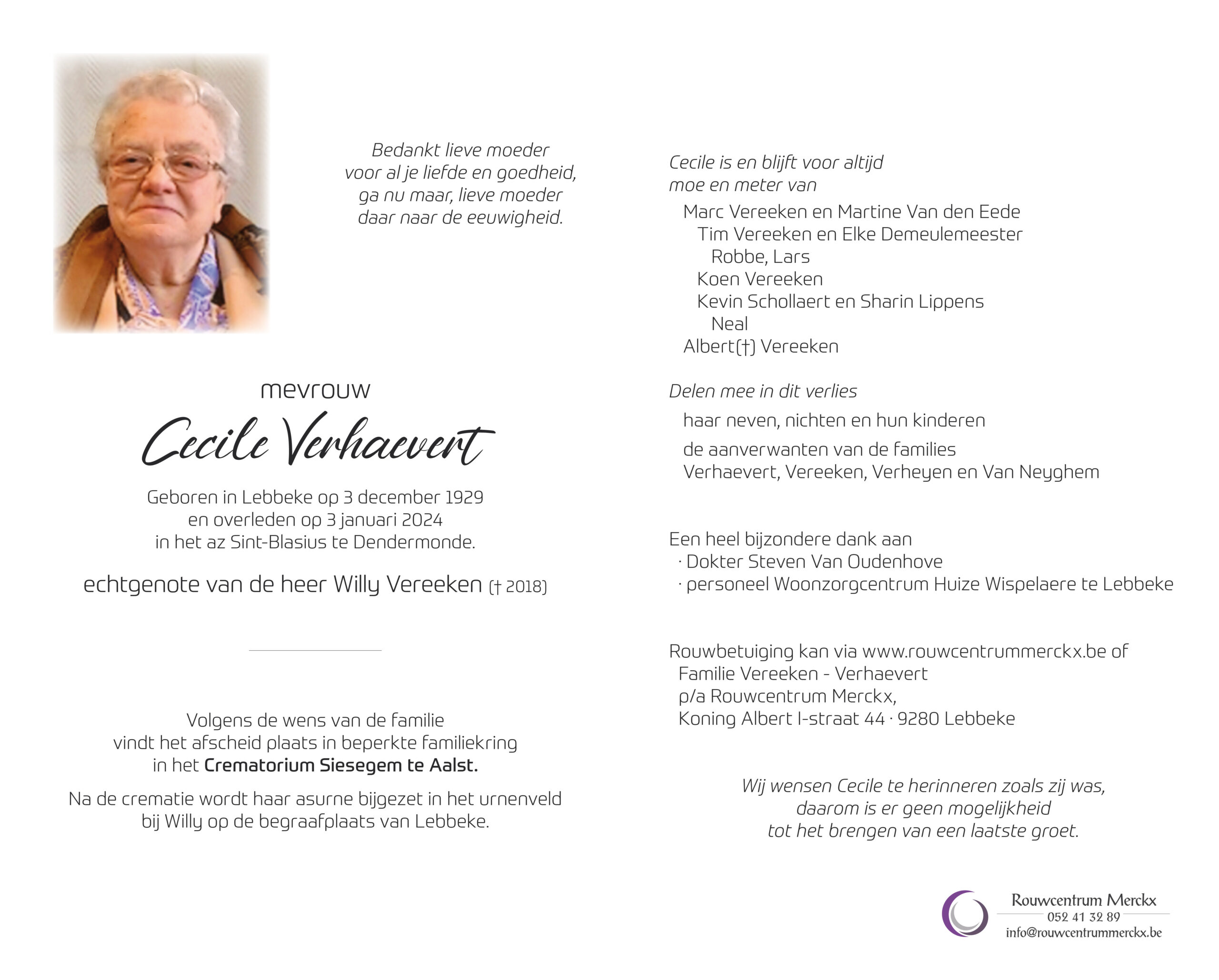 Verhaevert Cecile rouwbrief