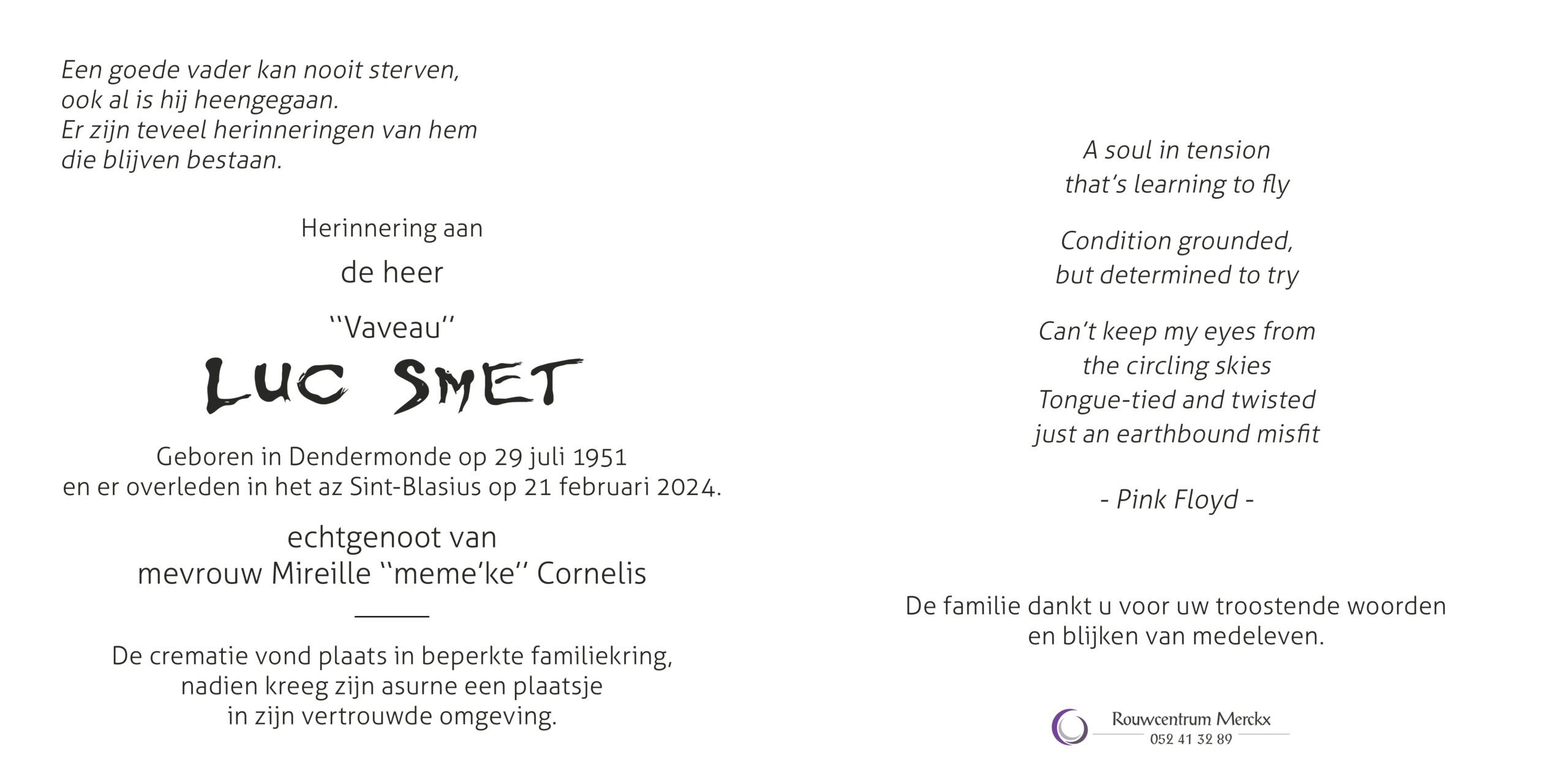 Smet Luc rouwbrief