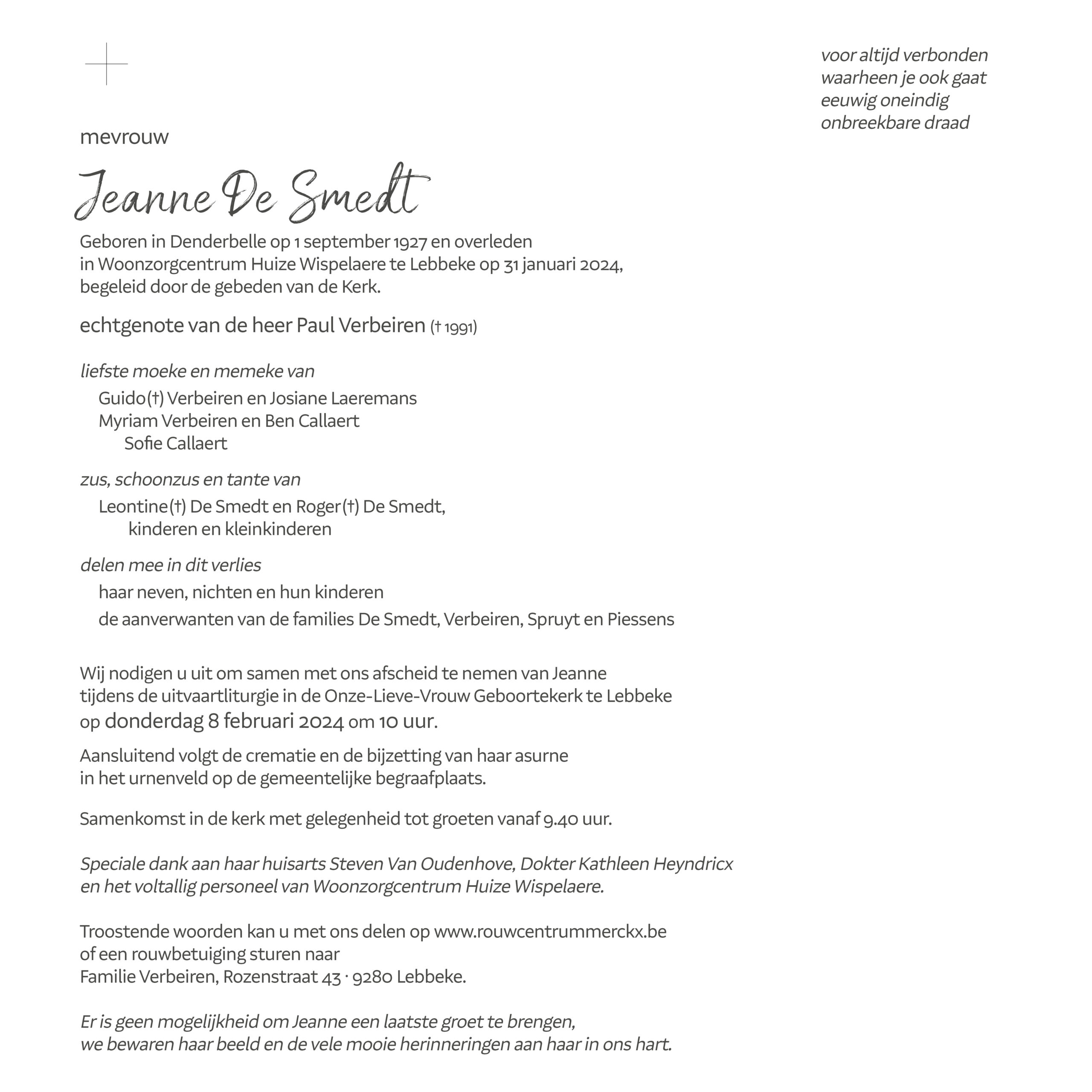 De Smedt Jeanne rouwbrief