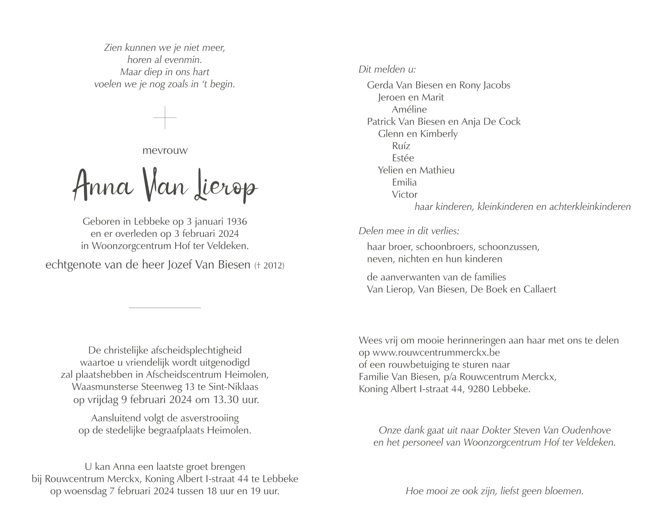 Van Lierop Anna rouwbrief