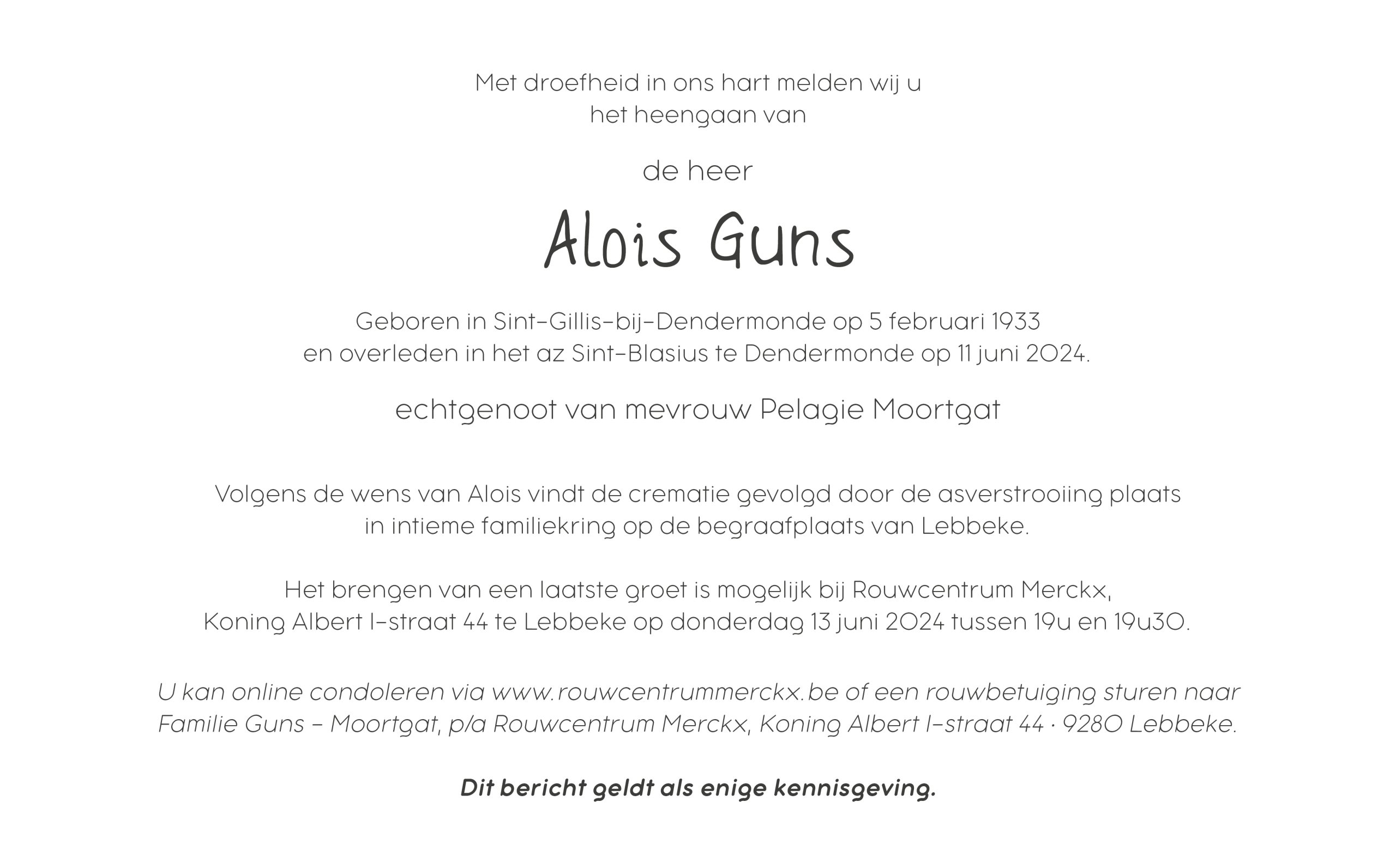 Guns Alois rouwbrief