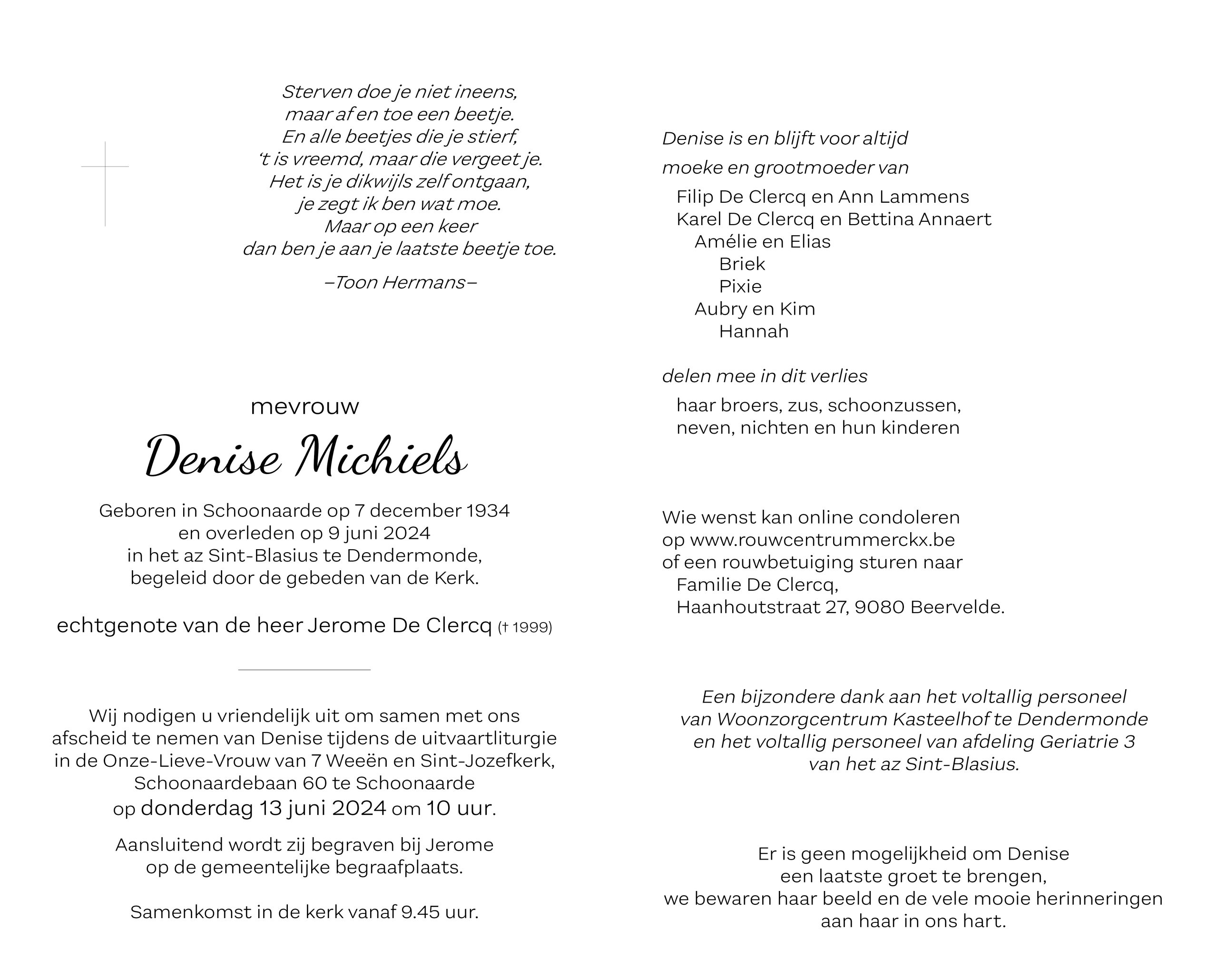 Michiels Denise rouwbrief