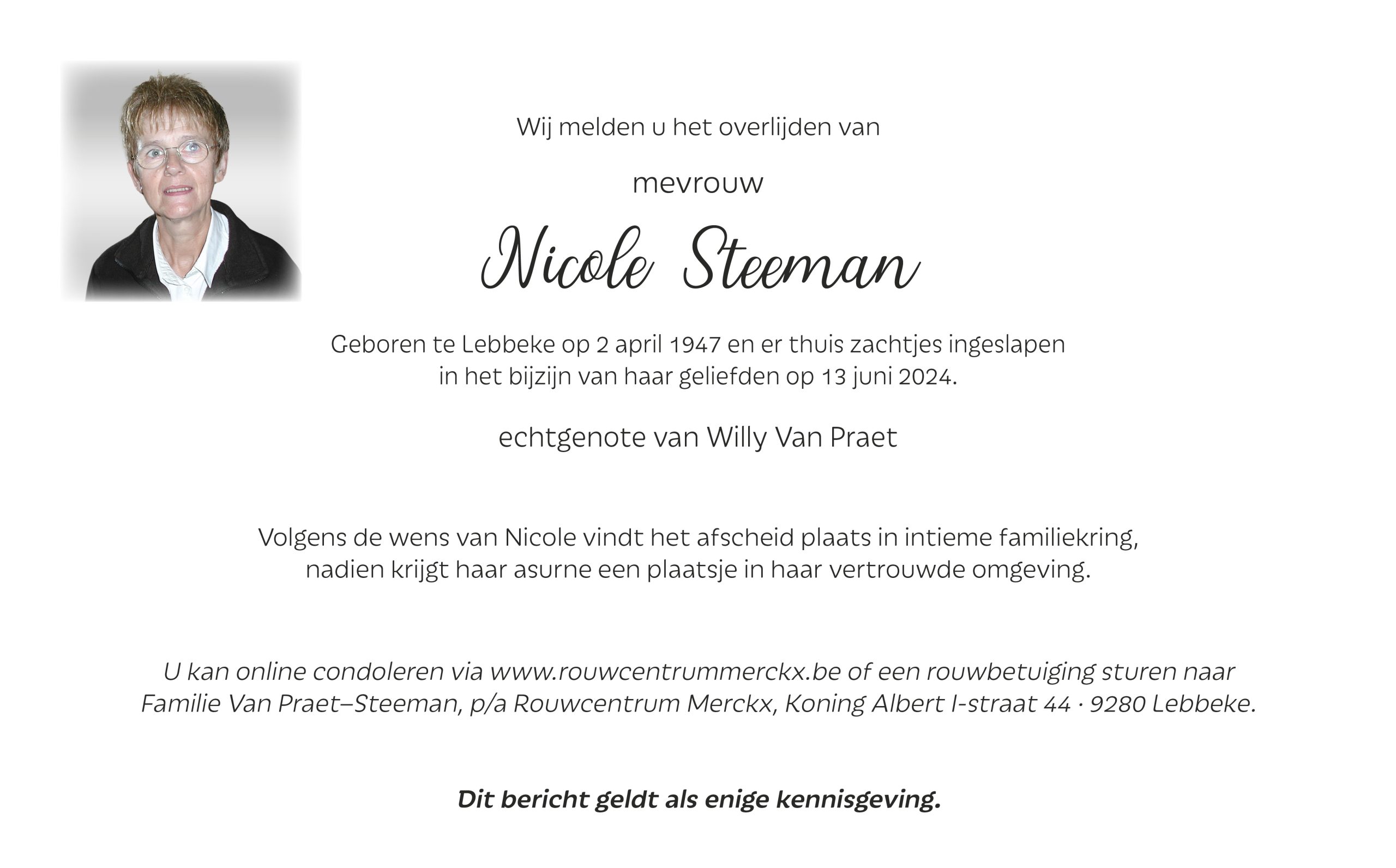 Steeman Nicole rouwbrief