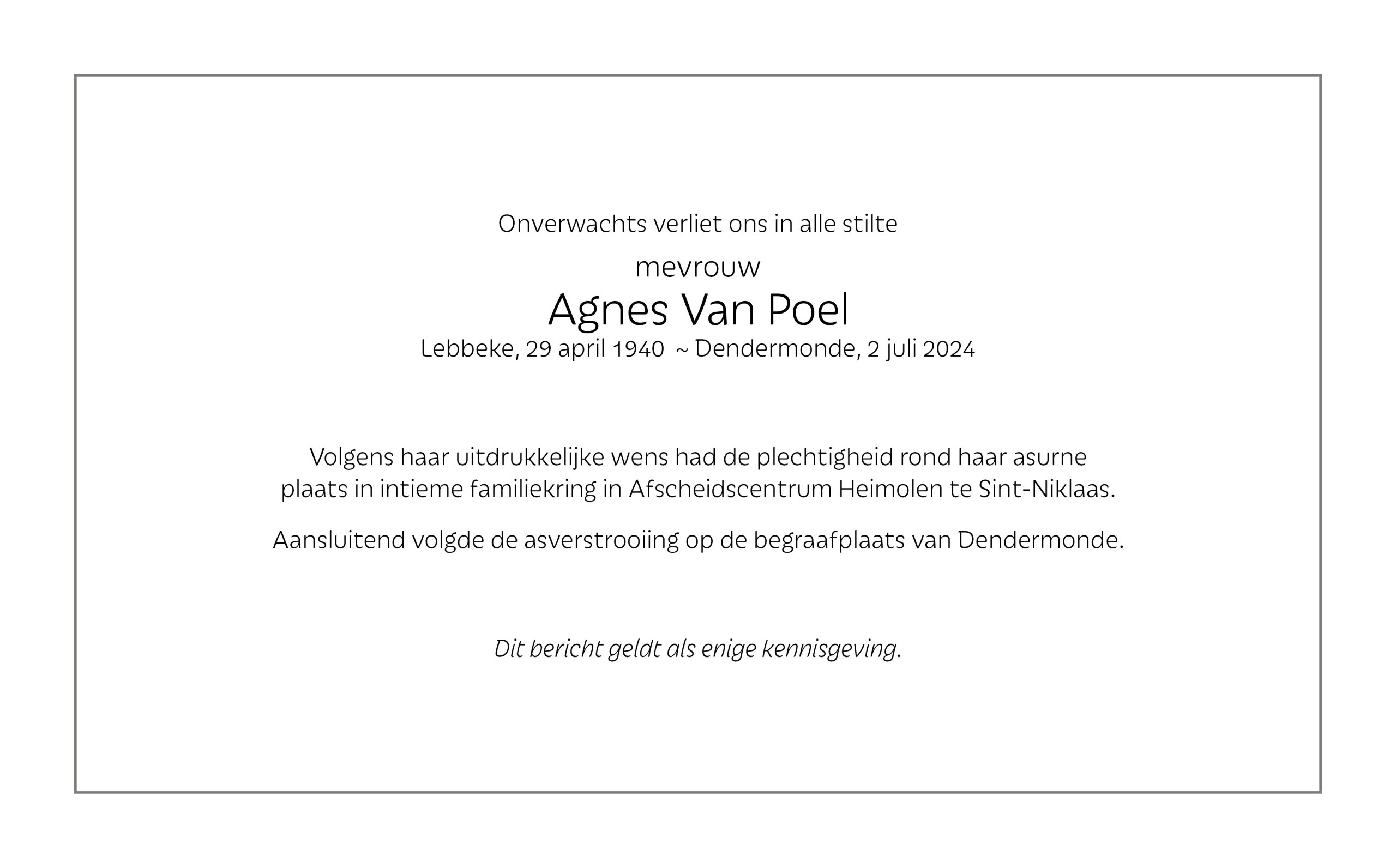 Van Poel Agnes rouwbrief