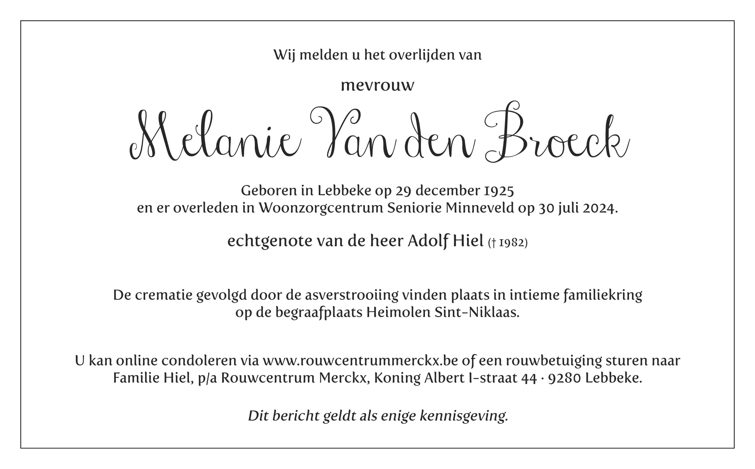 Van den Broeck Melanie rouwbrief